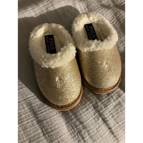 POLO Ralph Lauren Gold & Cream Sherpa Slip on Slippers Size Toddler 7 - Picture 3 of 10